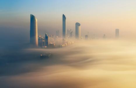 迪拜，阿联酋，摩天大楼，建筑物，黎明，雾，光，天空，城市