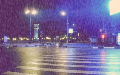 雨，路，晚上，城市