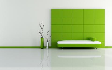 镜子地板，绿色沙发