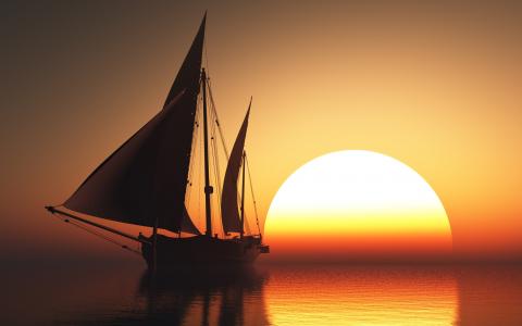 帆船，海，日落
