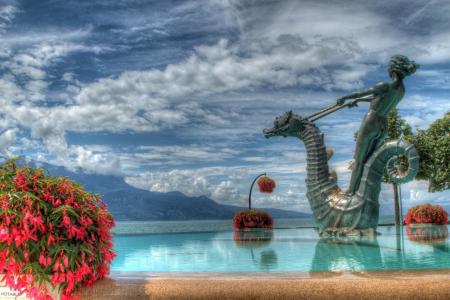 沃韦，瑞士，日内瓦湖，瑞士沃韦，日内瓦湖，鲜花，喷泉，雕塑，景观