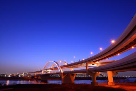 日本，横滨，桥，灯，灯，海湾，夜，蓝色，天空