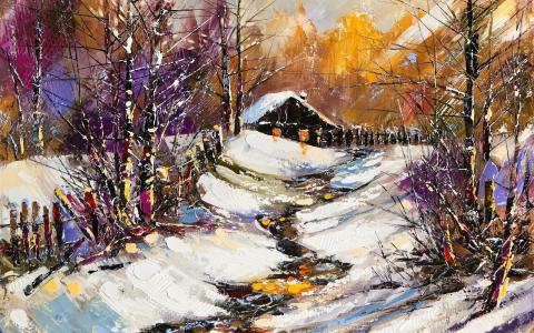 绘画，油漆，房子，树木，栅栏，雪