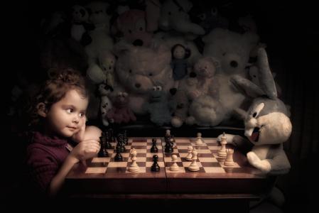 女孩，玩具，兔子，游戏，国际象棋