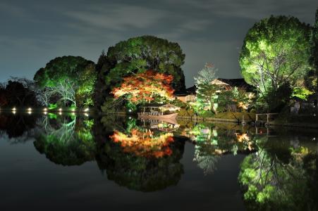 日本，树木，房子，船，水，倒影