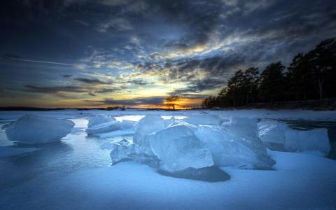 日落，湖，冰，景观，冬季