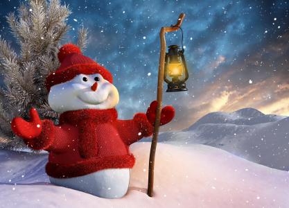 雪人，灯笼，圣诞节，微笑，新的一年，棒，冬天，雪人
