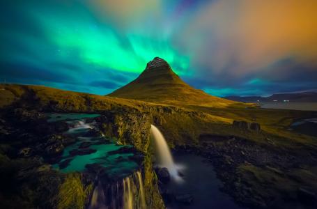 北极光，冰岛，教堂陷阱，瀑布