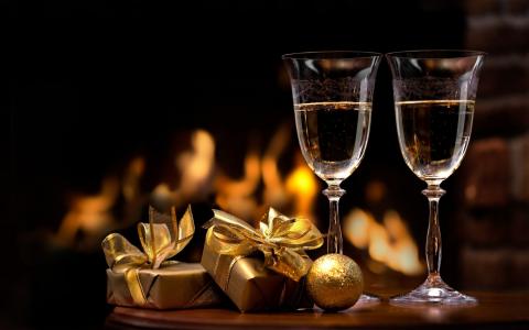 新，年，假期，球，礼物，香槟