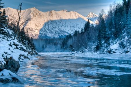 阿拉斯加，河，冬天，山，森林，景观
