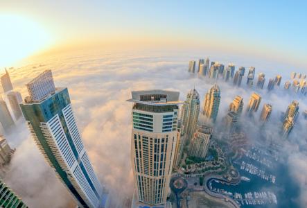 迪拜，城市，查看，摩天大楼，雾