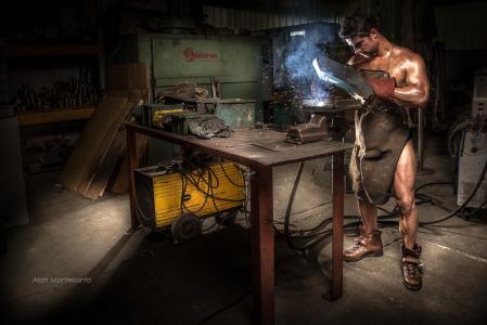 男人，裸体，围裙，焊工