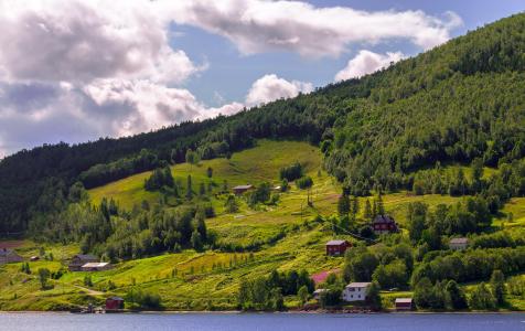 挪威，丘陵，房屋，河流，自然