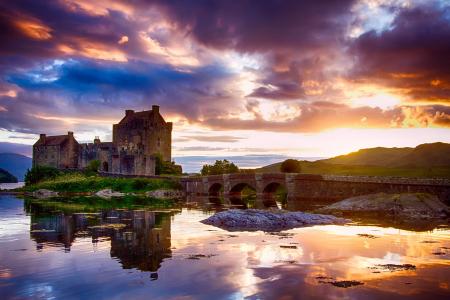 苏格兰，Eilean Donan，苏格兰，城堡，天空，云，日落，湖，水，反射，桥，性质，景观
