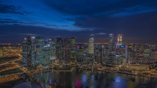 滨海湾，新加坡，新加坡，夜晚的城市，海湾，全景，摩天大楼