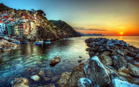 日落，景观，自然，海滩，意大利，人类发展报告摄影，岩石，海，背景，壁纸