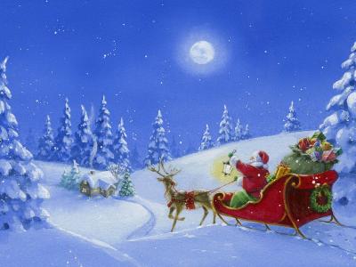 冬天，圣诞老人，圣诞节，雪橇，雪，礼物，树，绘图
