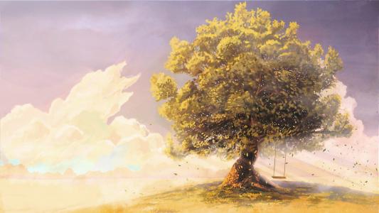 树，秋千，童年，风，天空，云，绘图