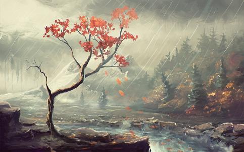 森林，秋季，河，艺术，雨，岸