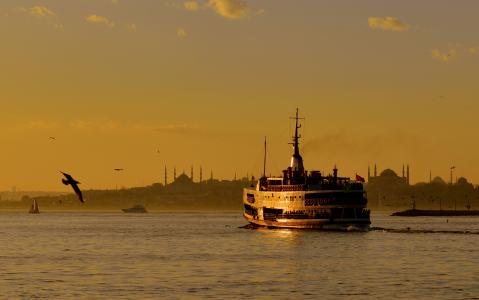 伊斯坦布尔，日落，海，船