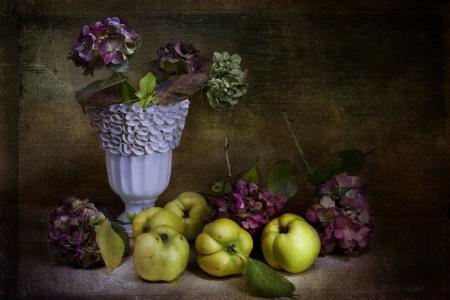 花瓶，静物，鲜花，苹果，复古