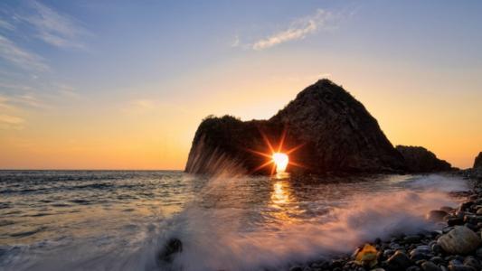 海，岩石，日出，太阳