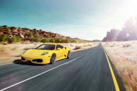 法拉利，f430，黄色，法拉利，道路，沙漠，速度，沥青
