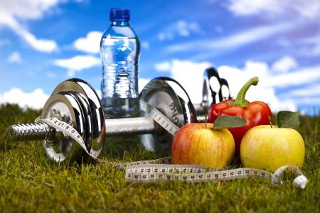 运动，健身，哑铃，瓶，水，苹果