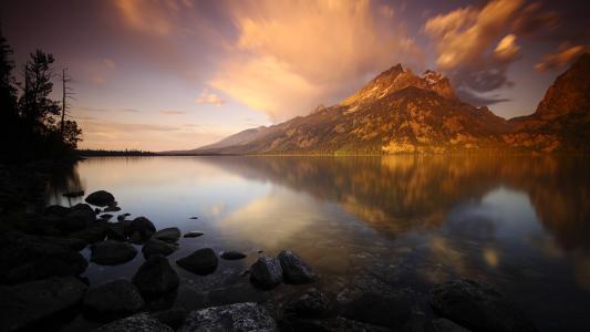 黎明，山，湖，石头，透明度，反射