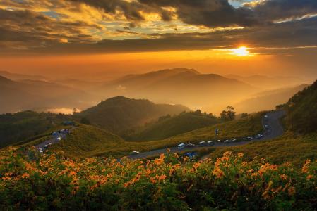 景观，自然，山，云，日落，太阳，路，鲜花，泰国