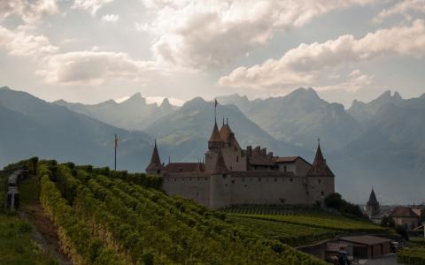 Chateau dAigle，瑞士Aigle城堡，阿尔卑斯山，Aigle城堡，瑞士，阿尔卑斯山，山脉，葡萄园，城堡