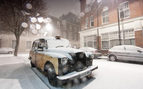 雪，雪，城市，伦敦，街道，出租车，灯笼，光