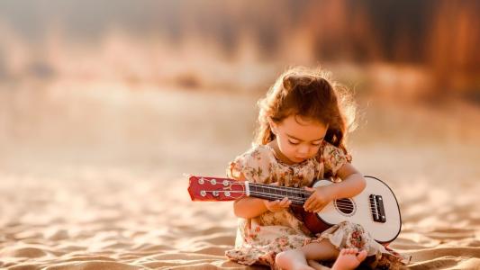 小，女孩，玩，吉他，壁纸