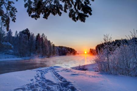 冬天，雪，天空，日落，大自然，河流