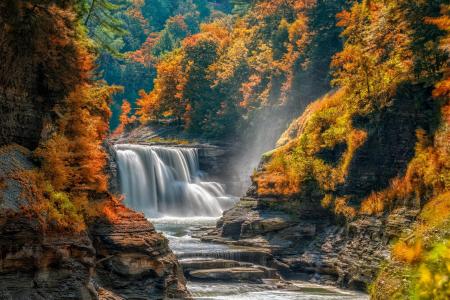 秋天，瀑布，岩石，河流，树木，性质