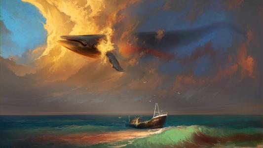 天空，艺术，船，鲸鱼，海