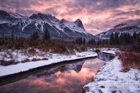 景观，自然，冬季，雪，山，河，云，美女，艾伯塔省，加拿大