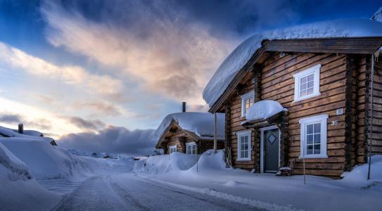 挪威，挪威，房屋，路，雪，冬季，天空，云