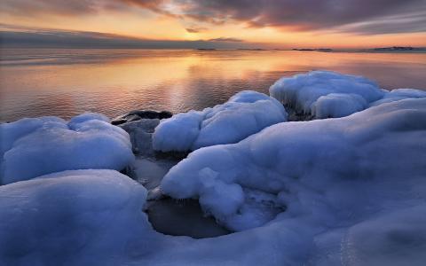 Grisslehamn，Uppland，瑞典，瑞典，冬天，冰，日出