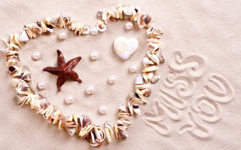 爱，沙滩，沙子，心脏，题字