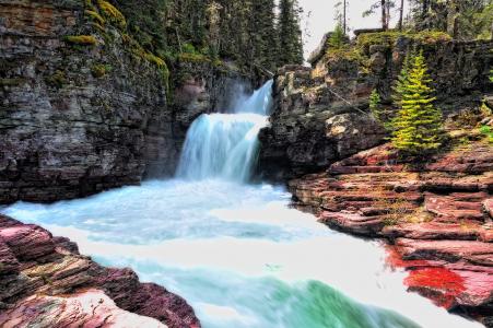 冰川国家公园，岩石，瀑布，河流，树木，景观