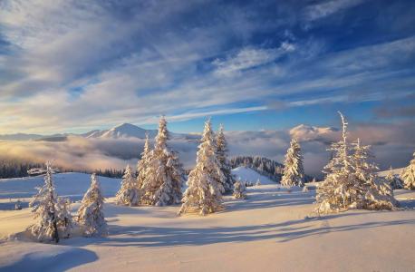景观，性质，冬天，雪，山，天空，云，喀尔巴阡山脉，乌克兰