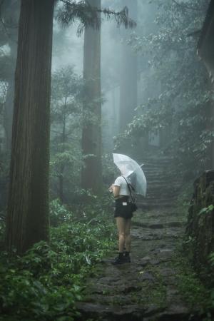 森林中打着伞的女人