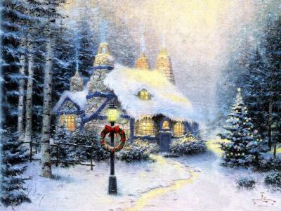 圣诞节，树，装饰，冬季景观，桦木，石头小屋，花环，圣诞花环，绘画，托马斯kinkade，绘画，stonehearth双雄