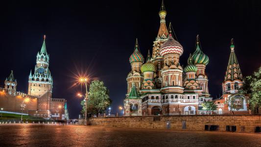 俄罗斯，俄罗斯，莫斯科，红场，圣巴索大教堂，克里姆林宫，夜晚