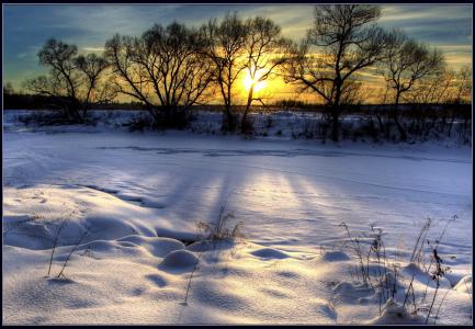 景观，自然，冬天，日落，雪