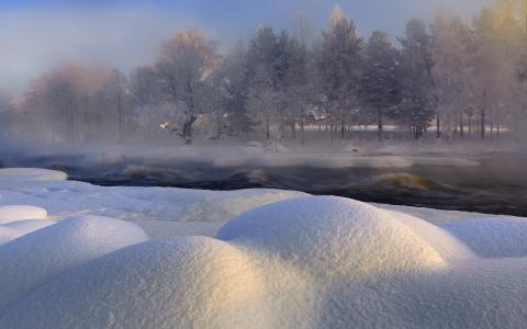 沃克南河，Haßlingland，瑞典，瑞典，冬天，河，树，雪，自然，景观