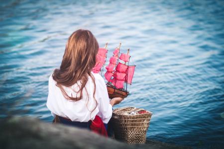 海，岸，女孩，阿索尔，等待，猩红色的风帆
