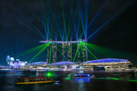 新加坡，新加坡，玛丽娜湾沙滩，眩光，玛丽娜湾，夜晚，灯光，激光表演