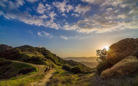 托潘加，加利福尼亚州，日落，骑手，天空，自然，风景，牛仔